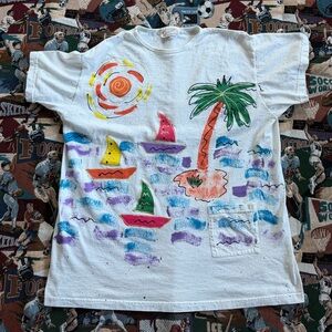 Vintage 90s Abstract Sail Boat White Graphic Shirt